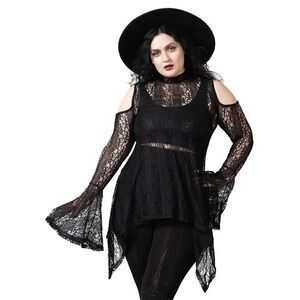 Killstar Acantha black lace flared sleeve hanky hem top goth